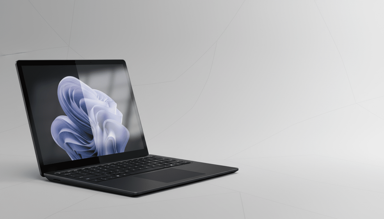 A professional shot of a black laptop with a swirling purple and white design on its screen, set against a clean, light grey background with subtle ge