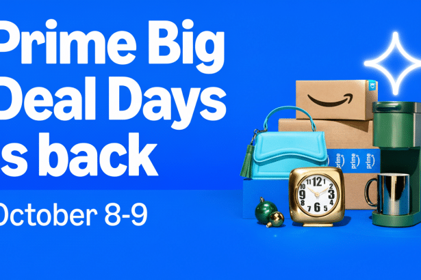 An advertisement for Prime Big Deal Days is back October 8-9 on a blue background, featuring Amazon Prime boxes, a turquoise handbag, a gold alarm clo