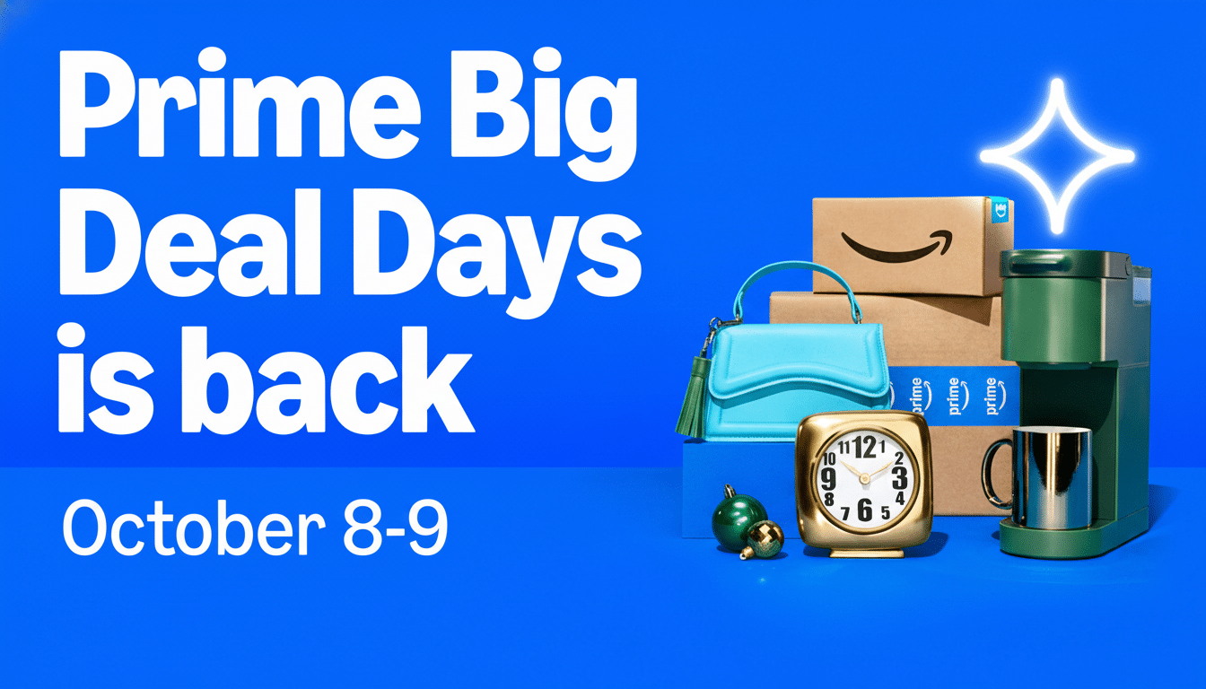 An advertisement for Prime Big Deal Days is back October 8-9 on a blue background, featuring Amazon Prime boxes, a turquoise handbag, a gold alarm clo