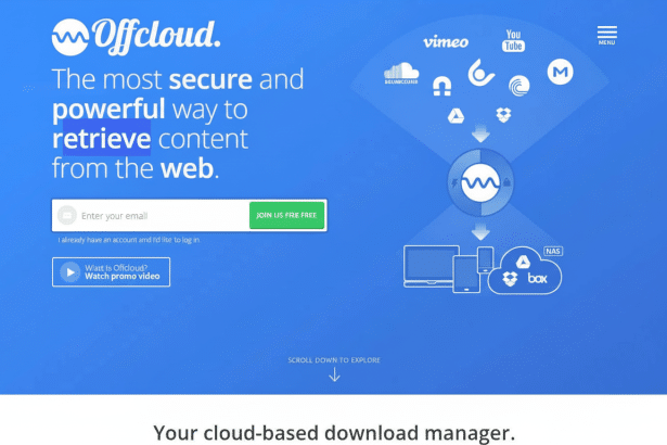 A screenshot of the Offcloud website, showcasing its cloud-based download manager service with various integration options and a clean blue interface .