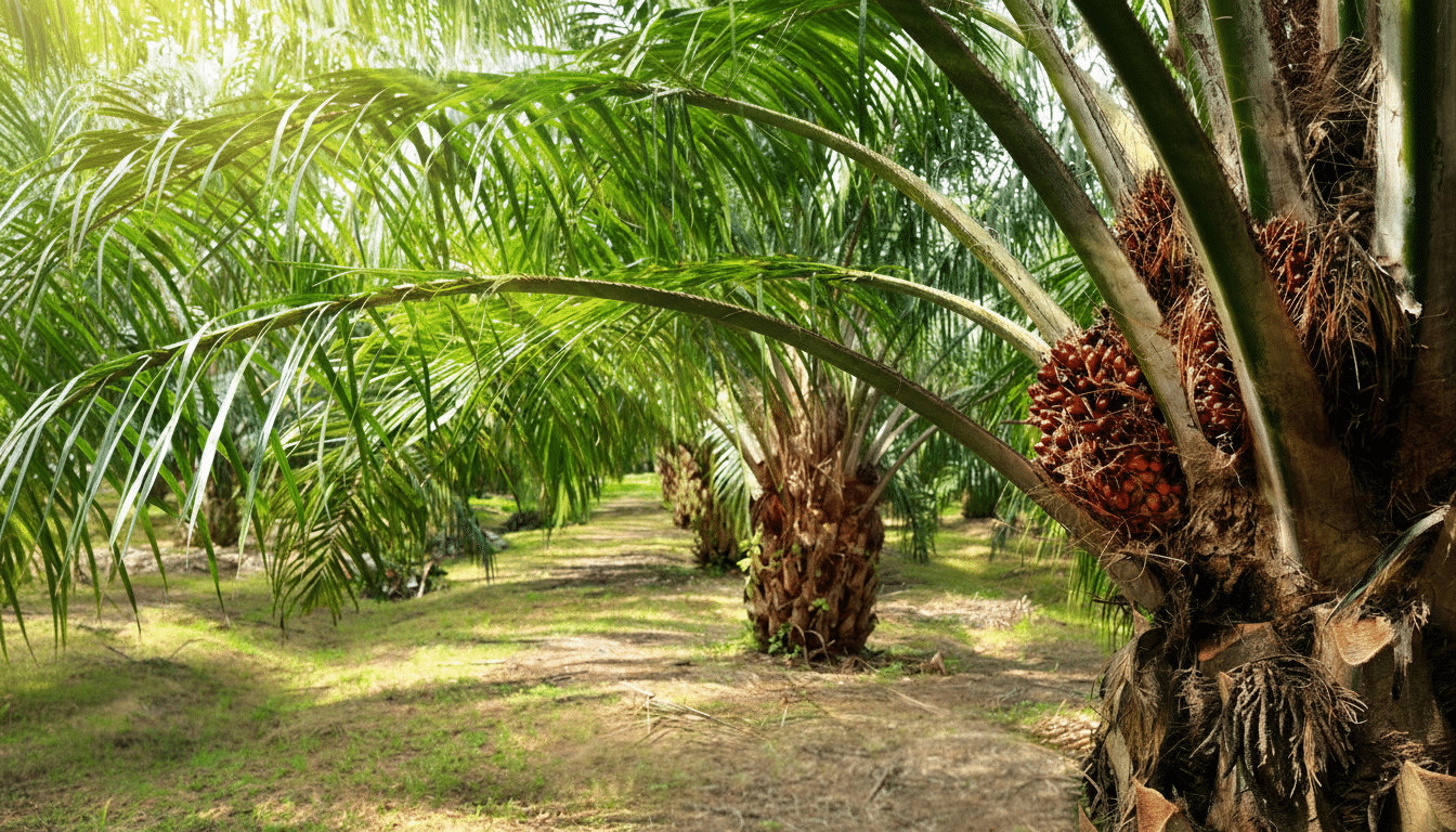 A professional 16:9 shot of an oil palm plantation with ripe red palm oil fruits visible on a tree in the foreground.