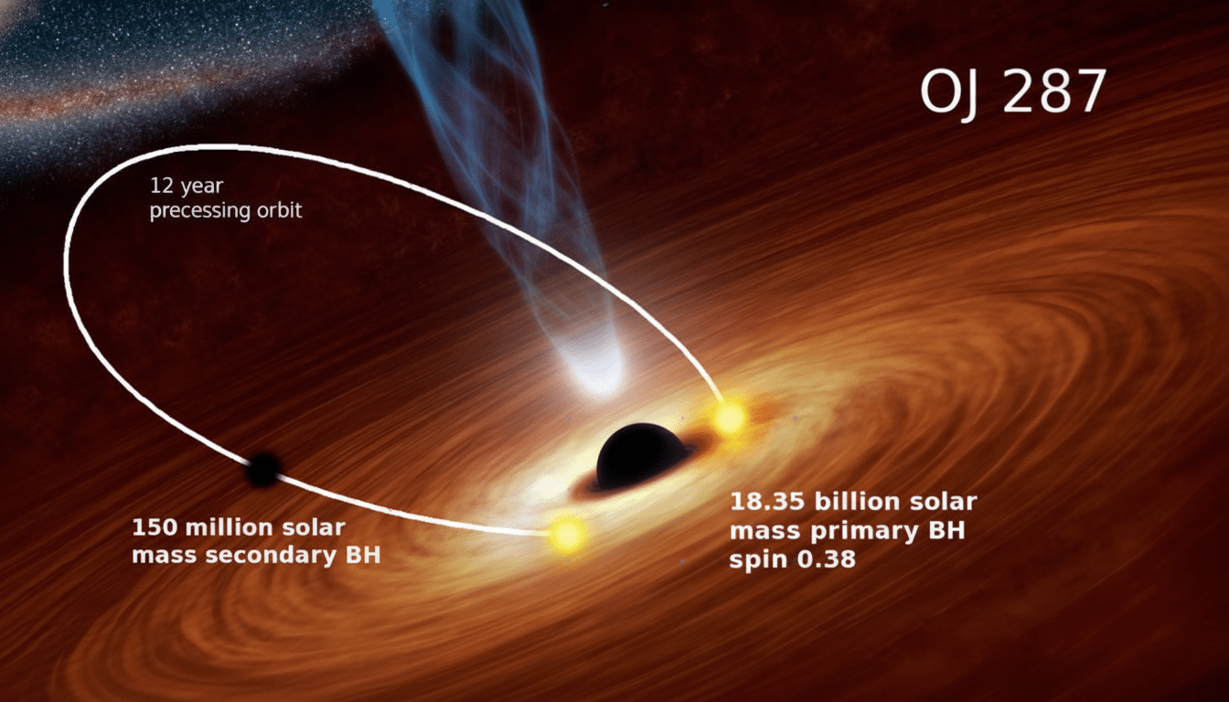 An artist 's depiction of the OJ 287 binary black hole system, showing the larger primary black hole and the smaller secondary black hole in a pre cessing orbit, with their respective masses and the primary' s spin labeled . A blue jet of material is ejected from the system .