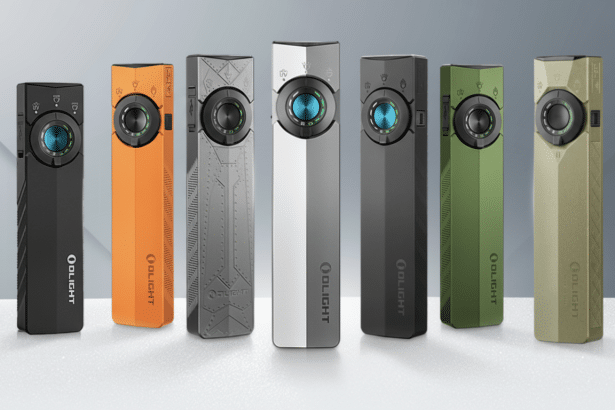 Seven O light flash lights in various colors, including black, orange, gray, white, dark gray, olive green, and tan, arranged in a row against a gradi