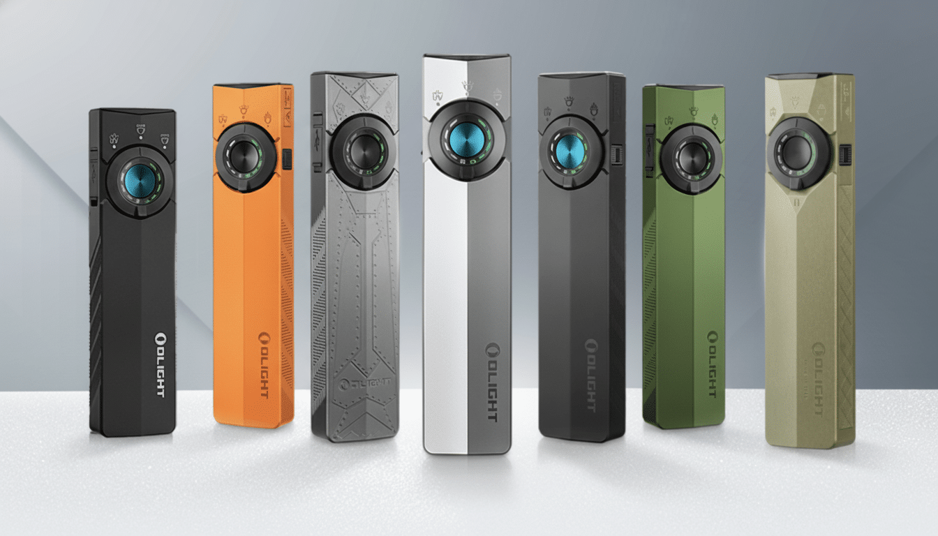 Seven O light flash lights in various colors, including black, orange, gray, white, dark gray, olive green, and tan, arranged in a row against a gradi