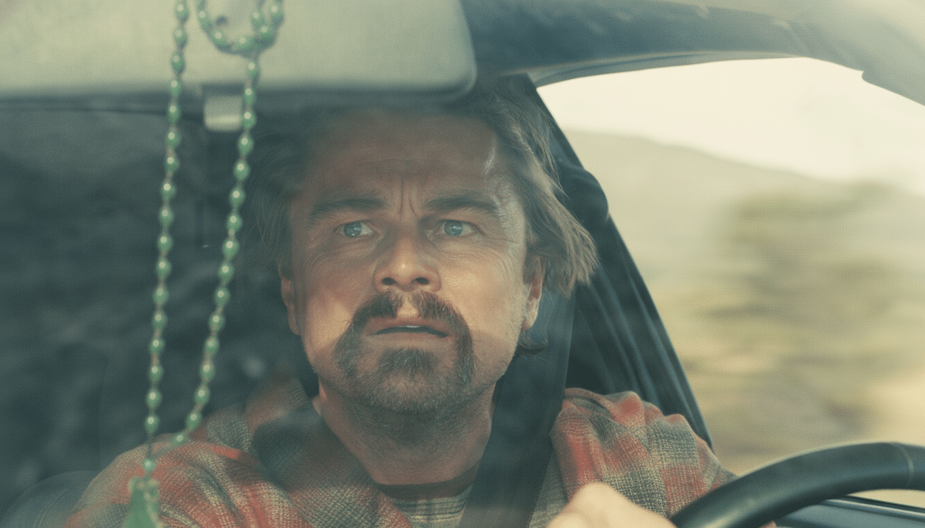 A man with a beard, wearing a plaid shirt , looks forward intently while driving a car. A green beaded rosary hangs from the rearview mirror .