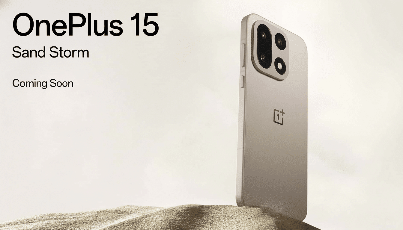 A professional advertisement for the OnePlus 15 Sand Storm phone, showcasing the device in a neutral, sand-colored finish, with OnePlus 15, Sand Storm