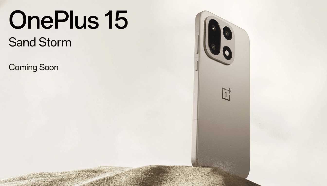 A professional image of the OnePlus 15 Sand Storm phone, presented in a 16:9 aspect ratio. The phone is a light sand color and stands upright on a subtle sand dune. The background is a clean , slightly off -white gradient , maintaining the original aesthetic . The text OnePlus 1 5, Sand Storm, and Coming Soon are prominently displayed in the upper left corner.