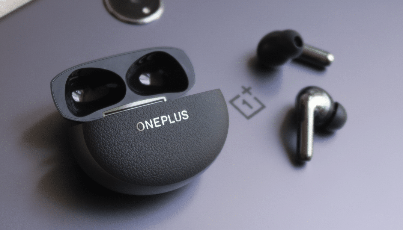 A professional shot of a pair of dark gray OnePlus earbuds in their open charging case, with one earbud lying separately beside it, all on a subtle gr