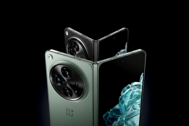 Two OnePlus foldable phones, one green and one black, displayed in a partially folded position, showcasing their camera modules and screens against a dark background.