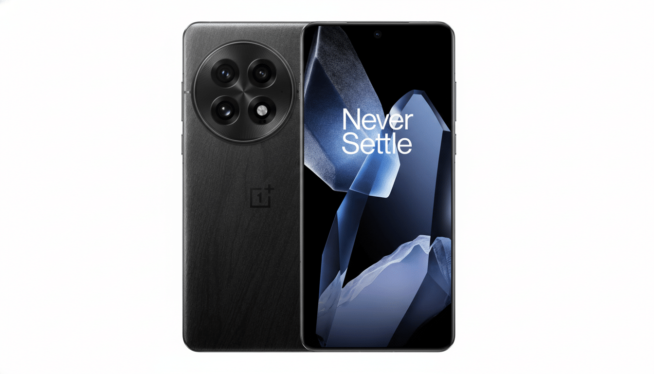 A professional shot of a black OnePlus smartphone with its back and front visible , set against a clean white background. The screen displays Never S ettle.
