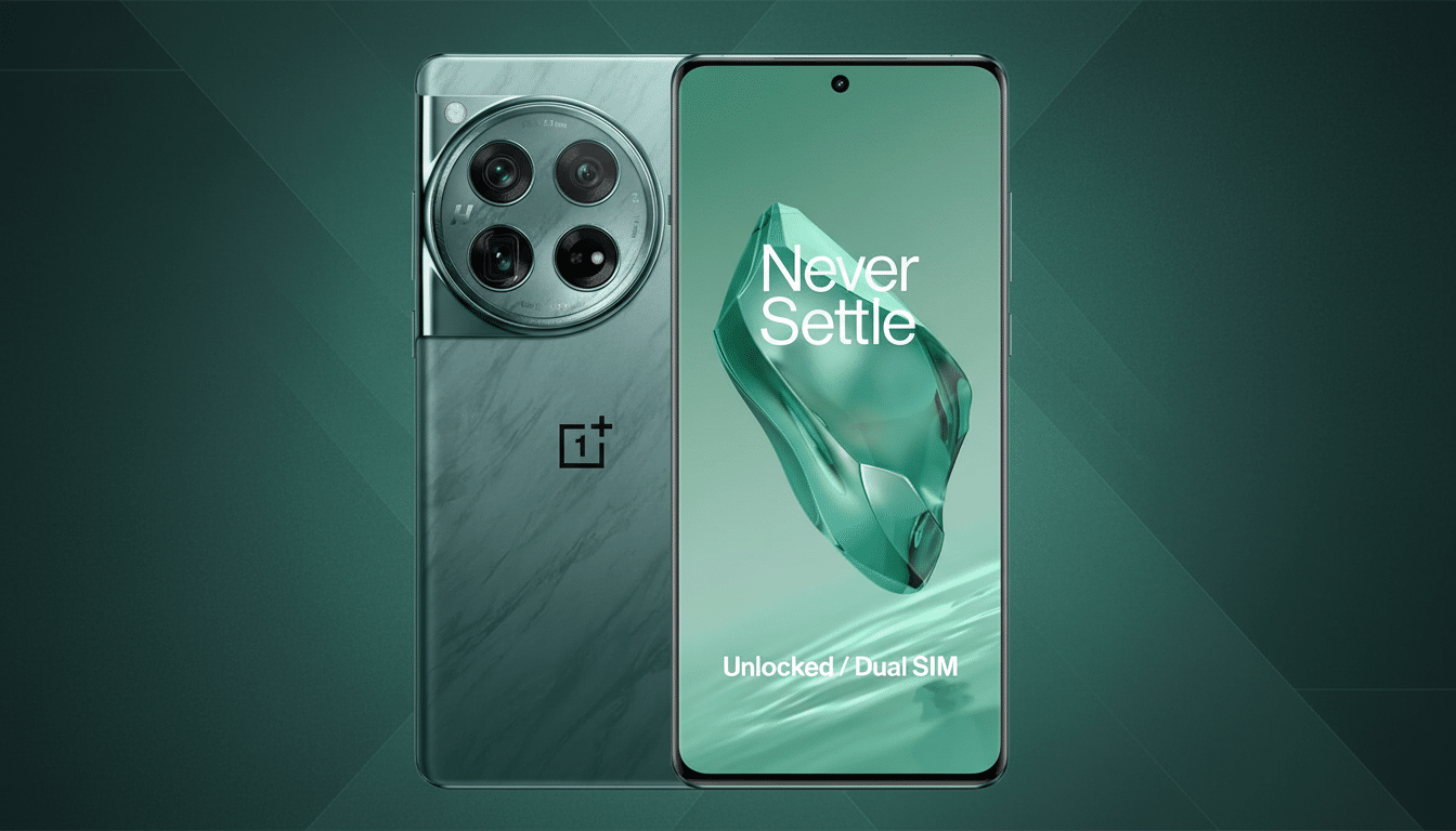 A professional 16:9 image of a OnePlus smartphone in a teal color , showing the front display with Never S ettle and Unlocked / Dual SIM text , and the back camera array and OnePlus logo, against a dark teal background with subtle horizontal gradient .