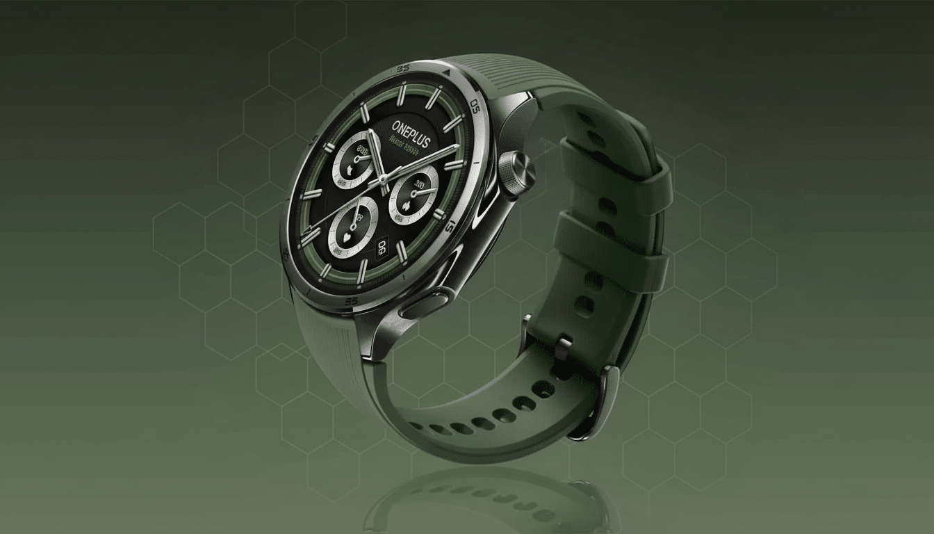 A professional shot of a dark green OnePlus Watch 2 with a black face and various subd ials, presented on a subtle dark green gradient background with