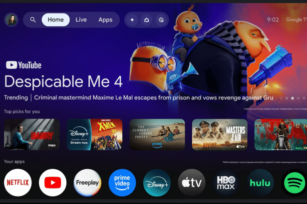 A 16:9 aspect ratio image of a smart TV home screen showing Despicable Me 4 highlighted , with various streaming app icons below .