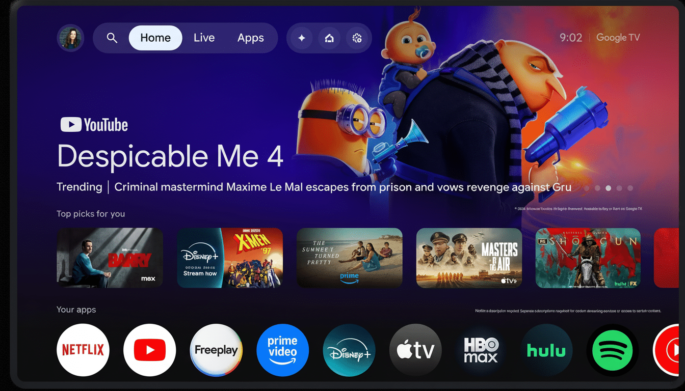 A 16:9 aspect ratio image of a smart TV home screen showing Despicable Me 4 highlighted , with various streaming app icons below .