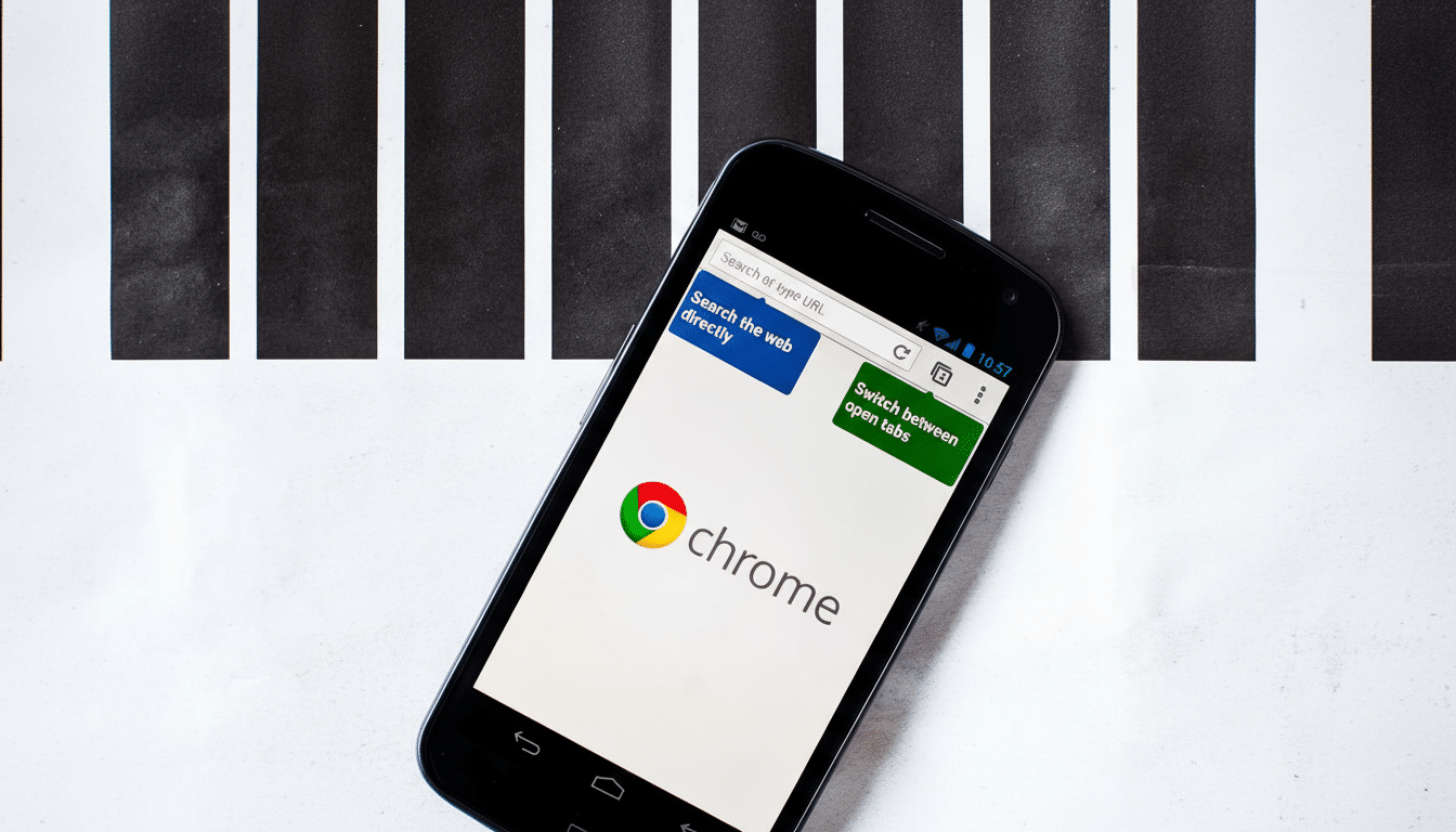 A smartphone displaying the Google Chrome logo and search interface on a white and black striped background.