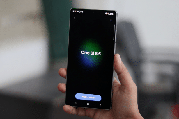 A hand holding a smartphone displaying One UI 8 .5 and a Check for updates button on a black screen.