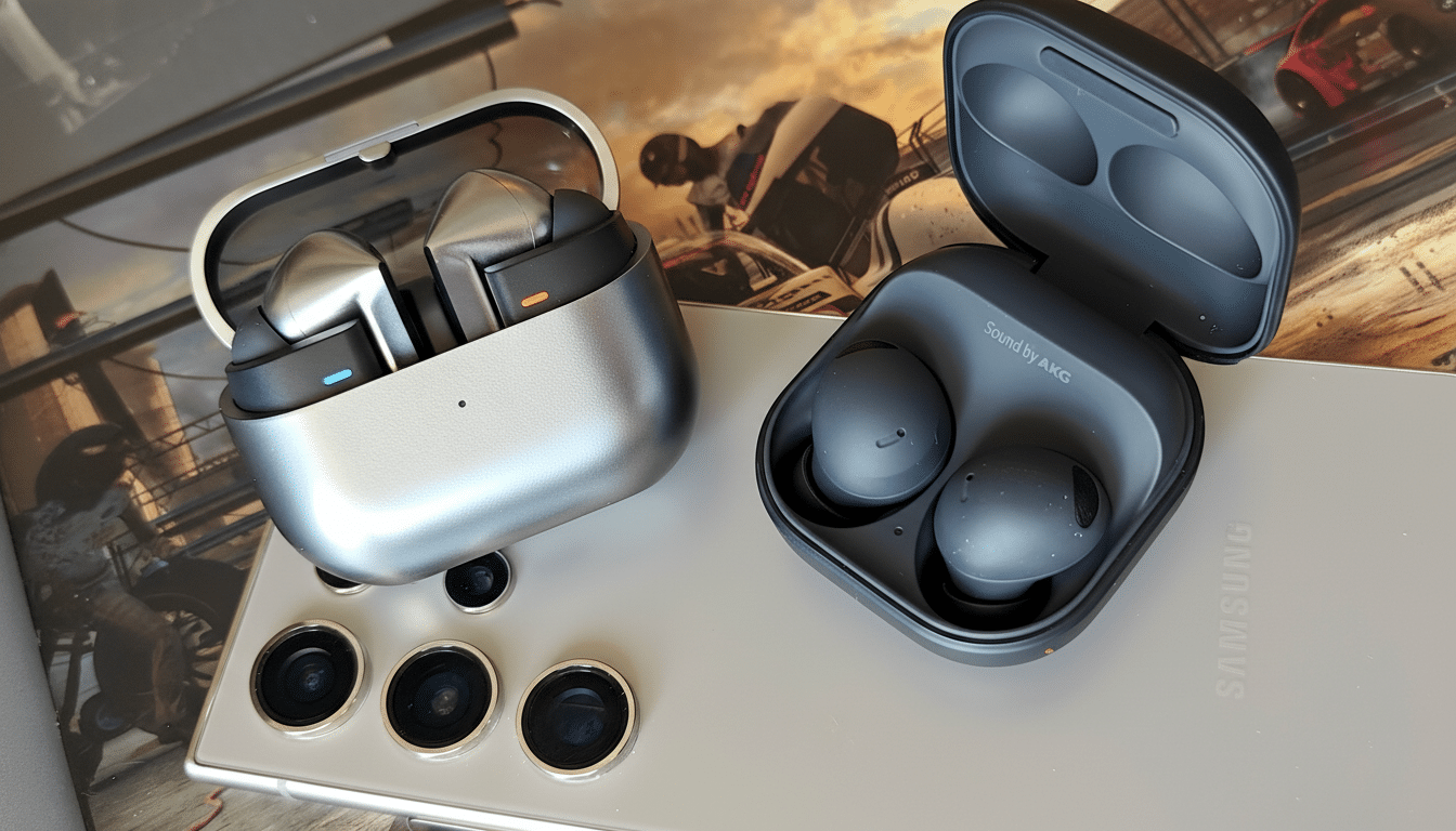 A professional shot of two pairs of wireless earbuds in their charging cases, one silver and one black, resting on the back of a silver smartphone with three visible camera lenses.