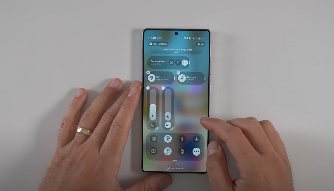 A persons hands interacting with a smartphone displaying its quick settings panel.