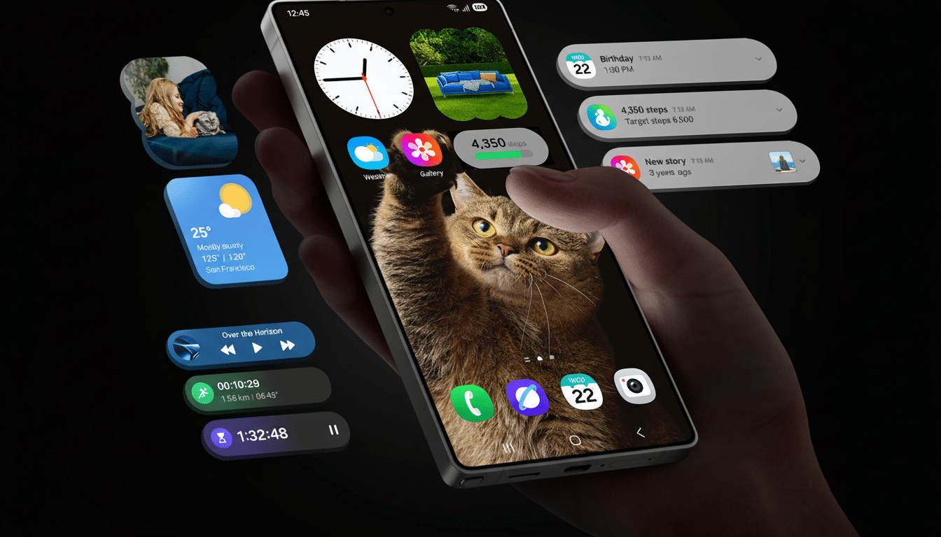 A hand holding a smartphone displaying a cat on the screen , with various app widgets floating around it.