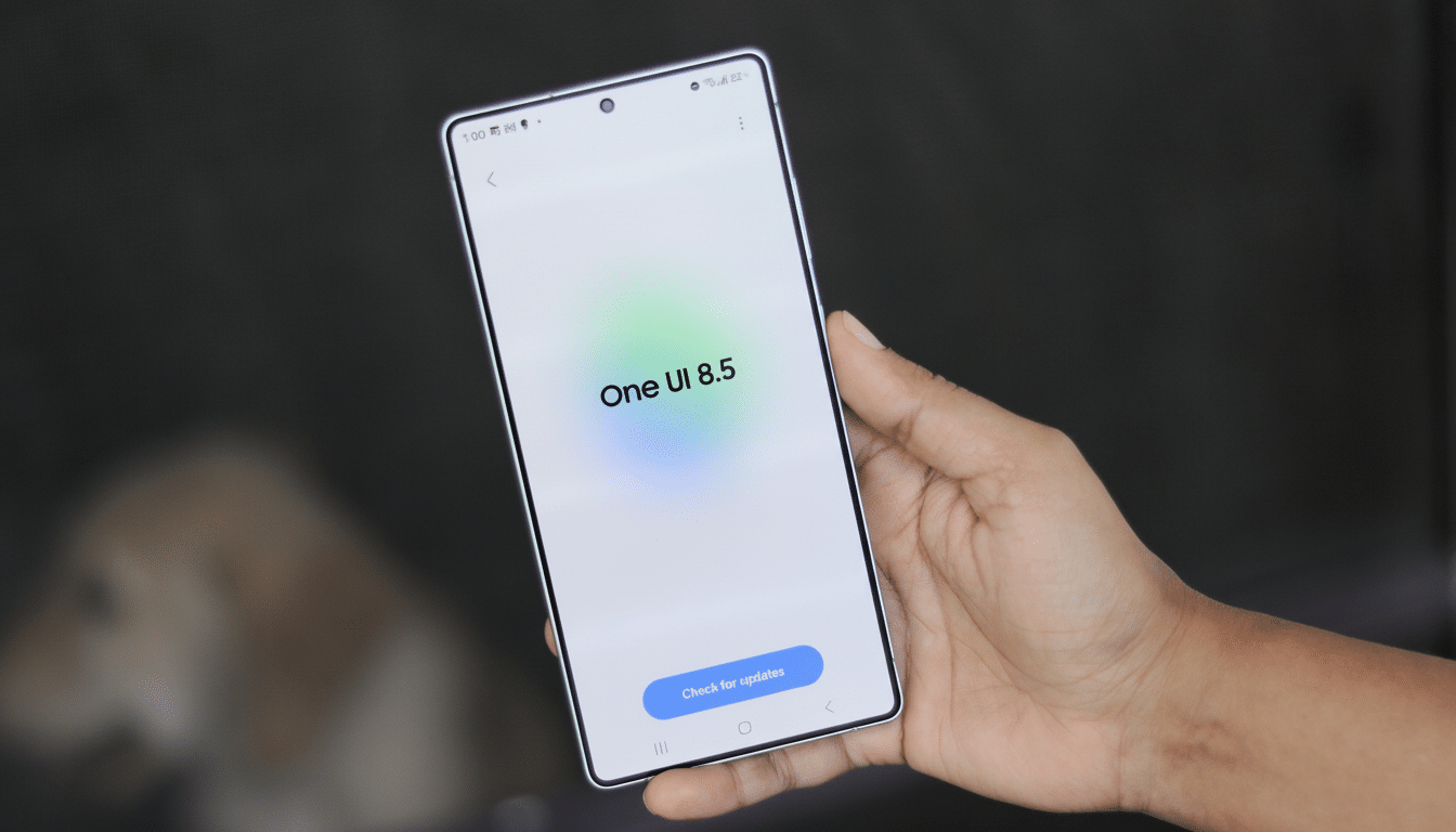 alt text=A hand holding a smartphone displaying ' One UI 8 .5' on its screen with a 'Check for up