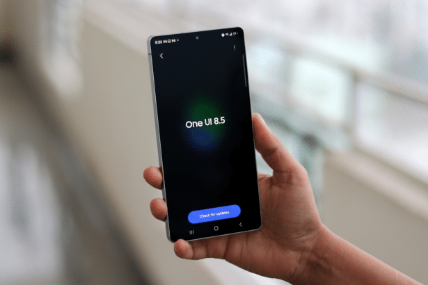 A hand holding a smartphone displaying One UI 8 .5 and a Check for updates button on a dark background. Filename : oneui 85 update . png