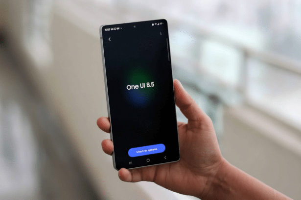A hand holding a smartphone displaying One UI 8 .5 and a Check for updates button on a dark screen , with a blurred background. Filename : oneui 85 smartphone update.png