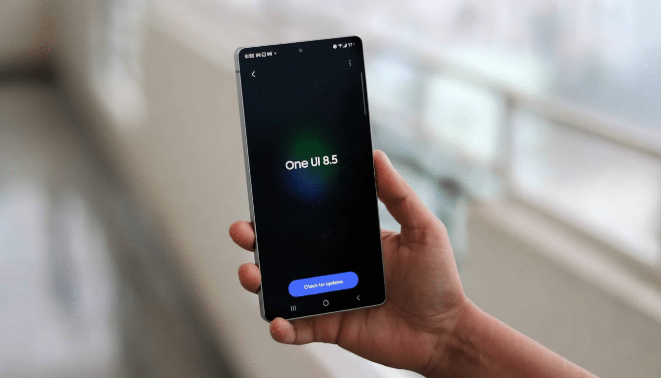A hand holding a smartphone displaying One UI 8 .5 and a Check for updates button on a dark screen , with a blurred background. Filename : oneui 85 smartphone update.png