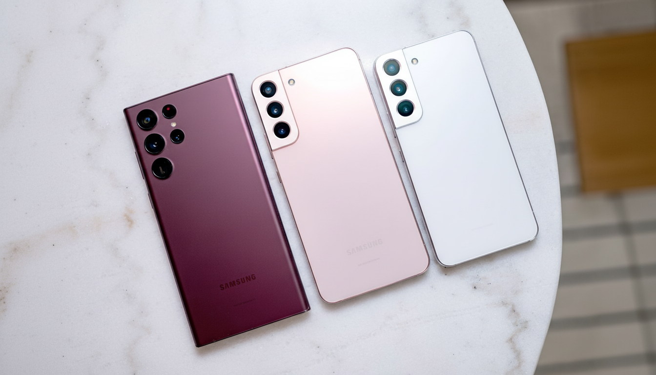 Three Samsung smartphones, one burgundy, one rose gold, and one white, are arranged diagonally on a white marble surface.