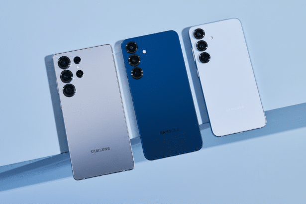Three Samsung smartphones in grey, blue, and light blue are displayed at an angle on a light blue background.