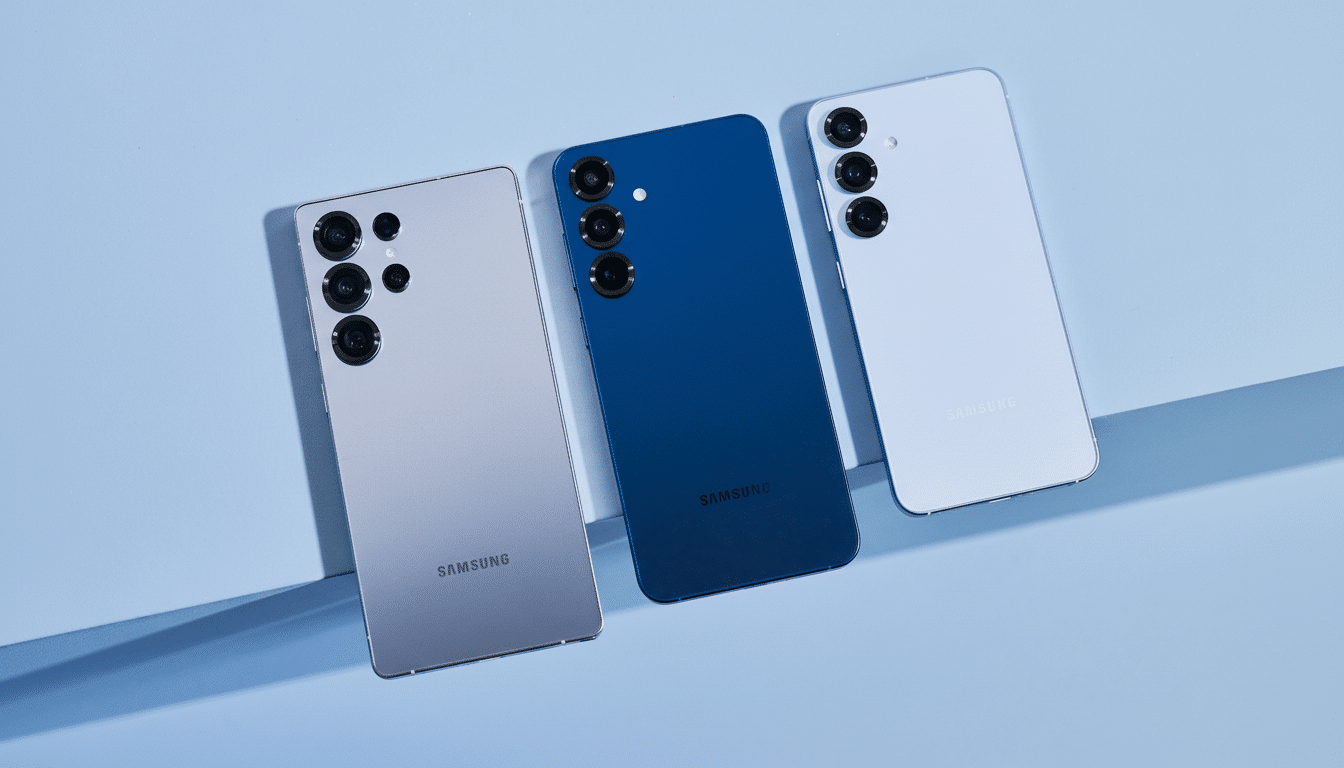Three Samsung smartphones in grey, blue, and light blue are displayed at an angle on a light blue background.