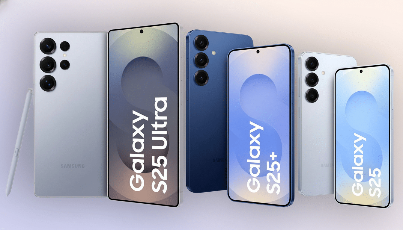 Three sets of Samsung Galaxy S 25 phones, including the Ultra, S2 5+, and S 25 models, in various colors with their screens displaying the model names