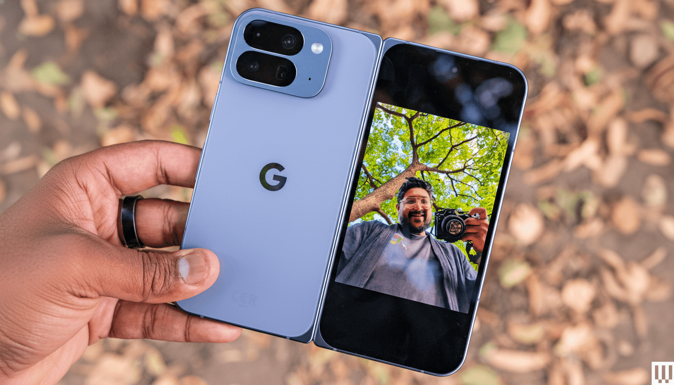 A hand holds a light blue foldable smartphone with a camera module on the left side, displaying a selfie of a man holding a camera on the right screen . The background is blurred autumn leaves.