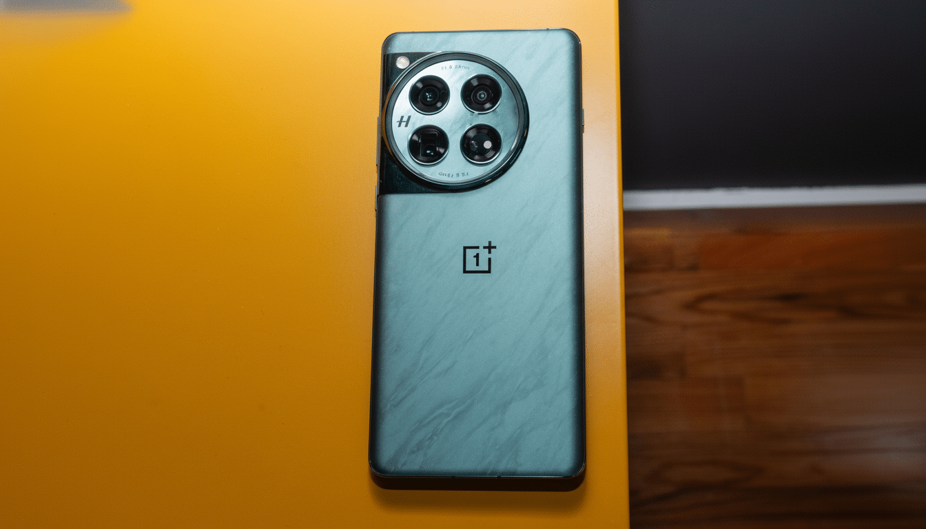 The One plus 11 5G in eternal green, positioned vertically on a vibrant yellow surface. Filename: on