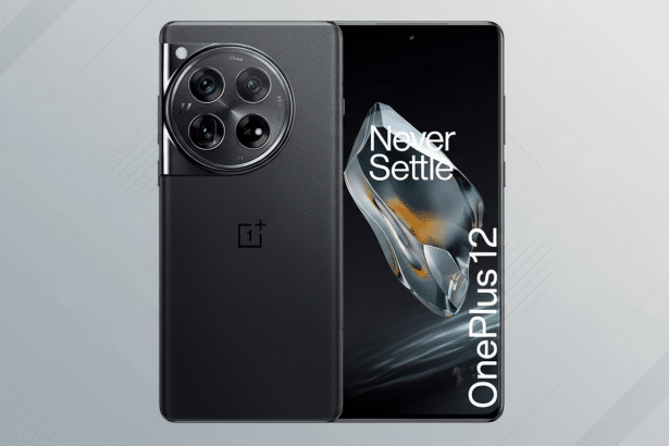 A professional shot of the OnePlus 12 smartphone with a 16 :9 aspect ratio , showcasing its black finish and camera array on the back, and the screen displaying Never S ettle on the front, set against a subtle gray gradient background. Filename : oneplus 12smartphone professional . png