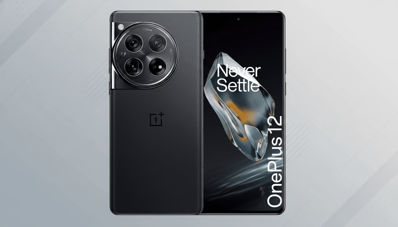 A professional shot of the OnePlus 12 smartphone with a 16 :9 aspect ratio , showcasing its black finish and camera array on the back, and the screen displaying Never S ettle on the front, set against a subtle gray gradient background. Filename : oneplus 12smartphone professional . png