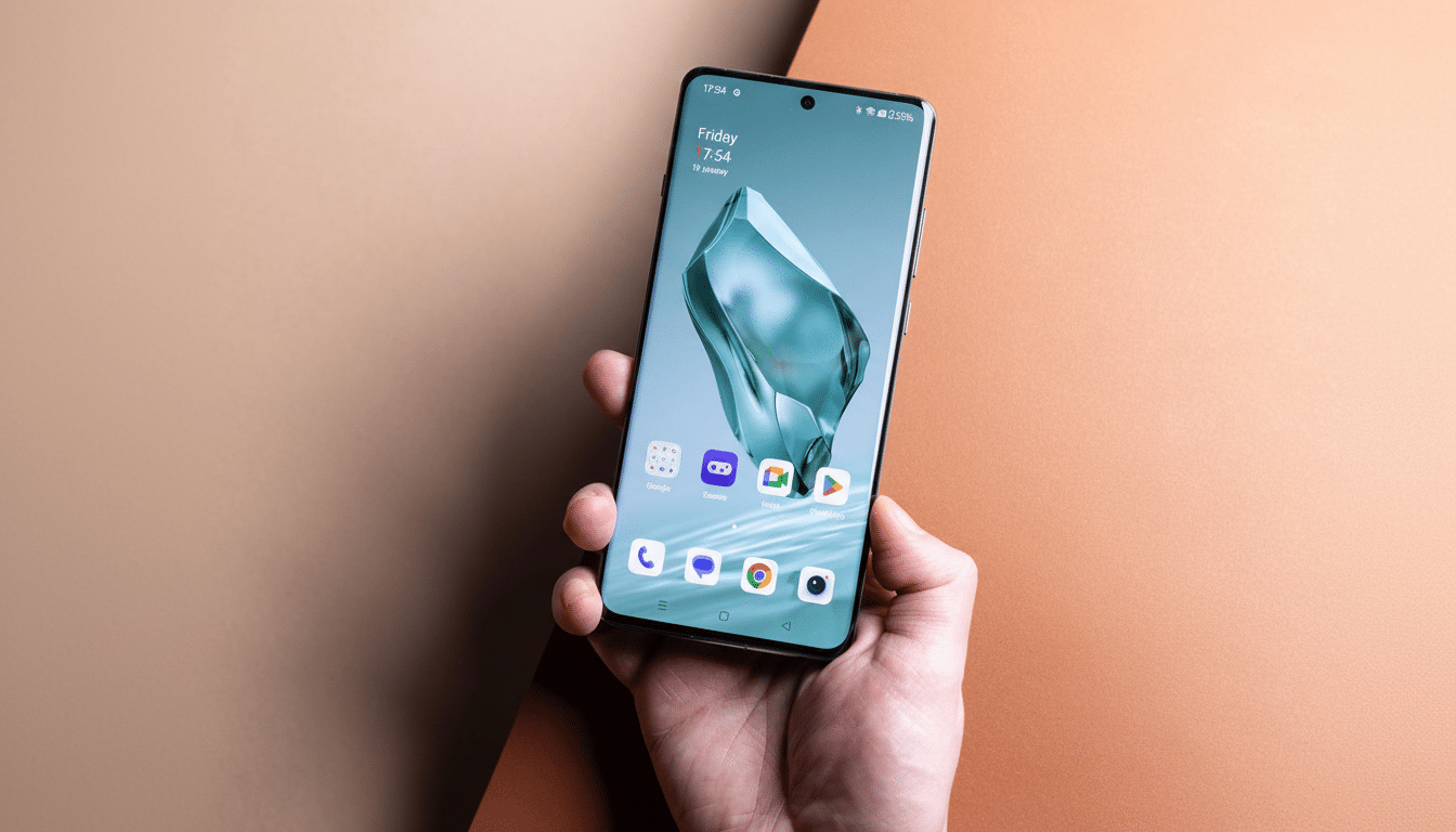 A hand holding a smartphone with a light blue and green wallpaper and various app icons visible on the screen, set against a two -tone background of light brown and darker brown. Filename : hand holdingsmartphone 1 69. png