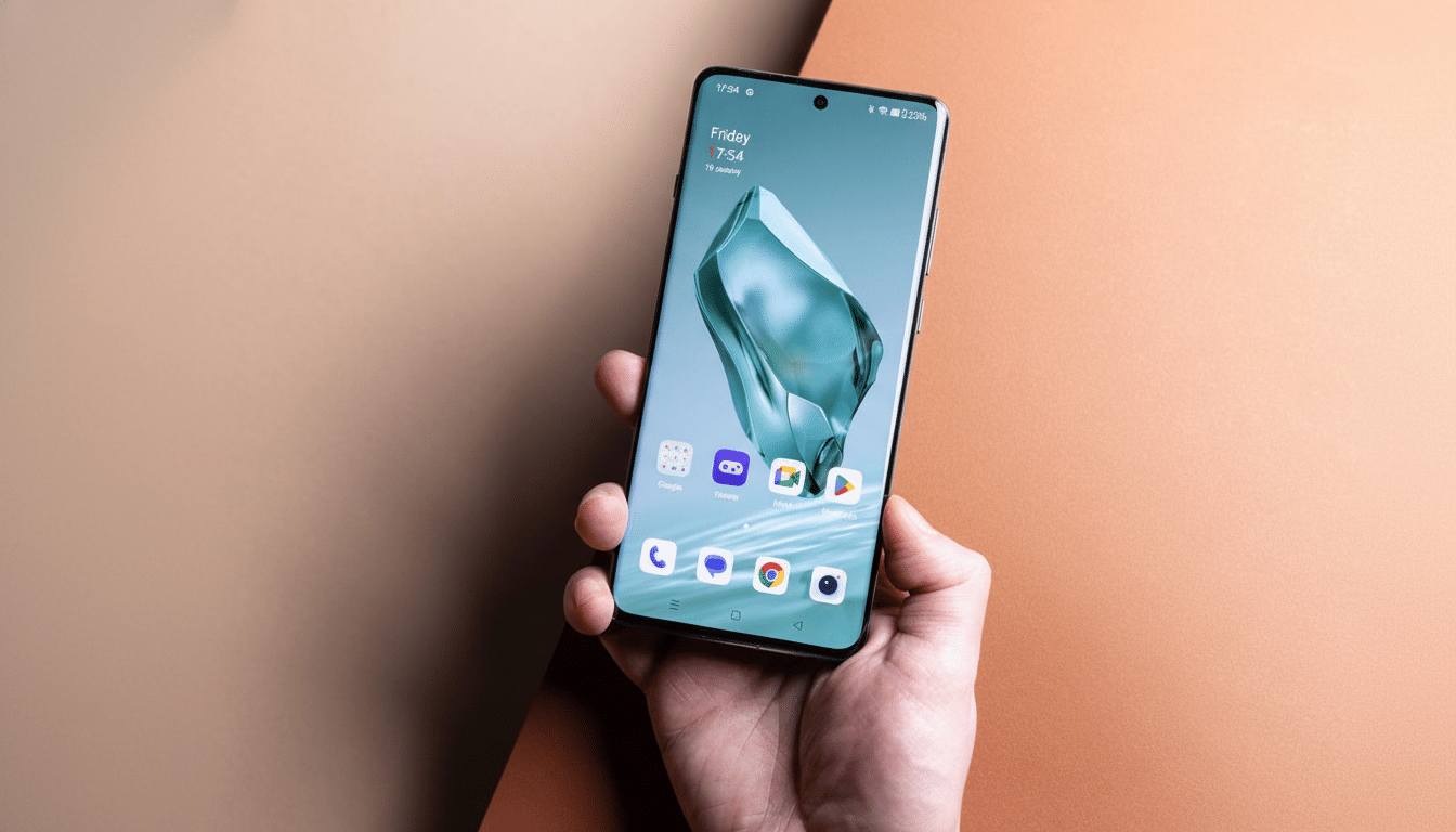 A hand holding a smartphone with a light blue and green wallpaper and various app icons visible on the screen . The background features a subtle two -tone beige and brown design .