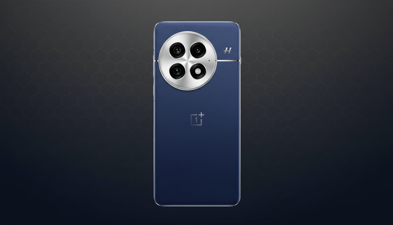 A dark blue smartphone with a large circular camera module featuring four lenses and a silver H logo, set against a dark gray background with a subtle hexagonal pattern.