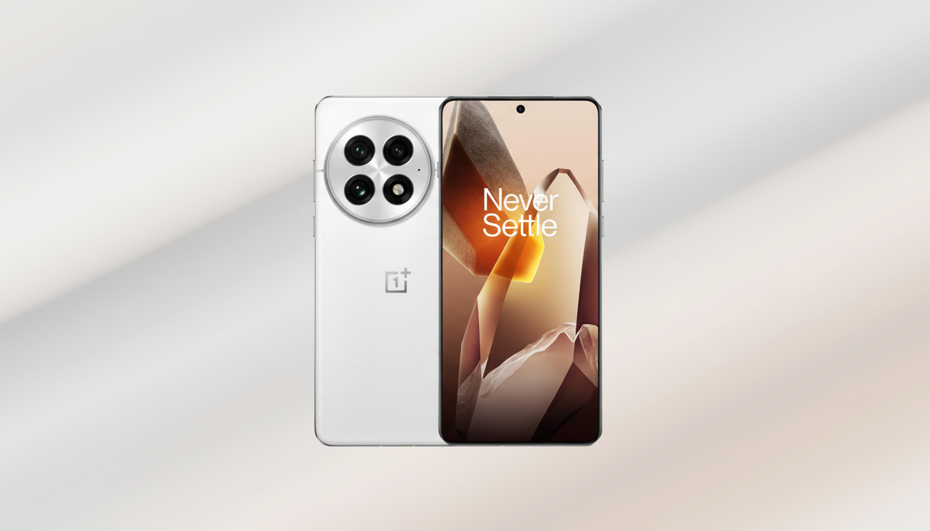 A white smartphone with a circular camera module on the back and a screen displaying Never Settle on the front, set against a professional flat design background with soft patterns and gradients.