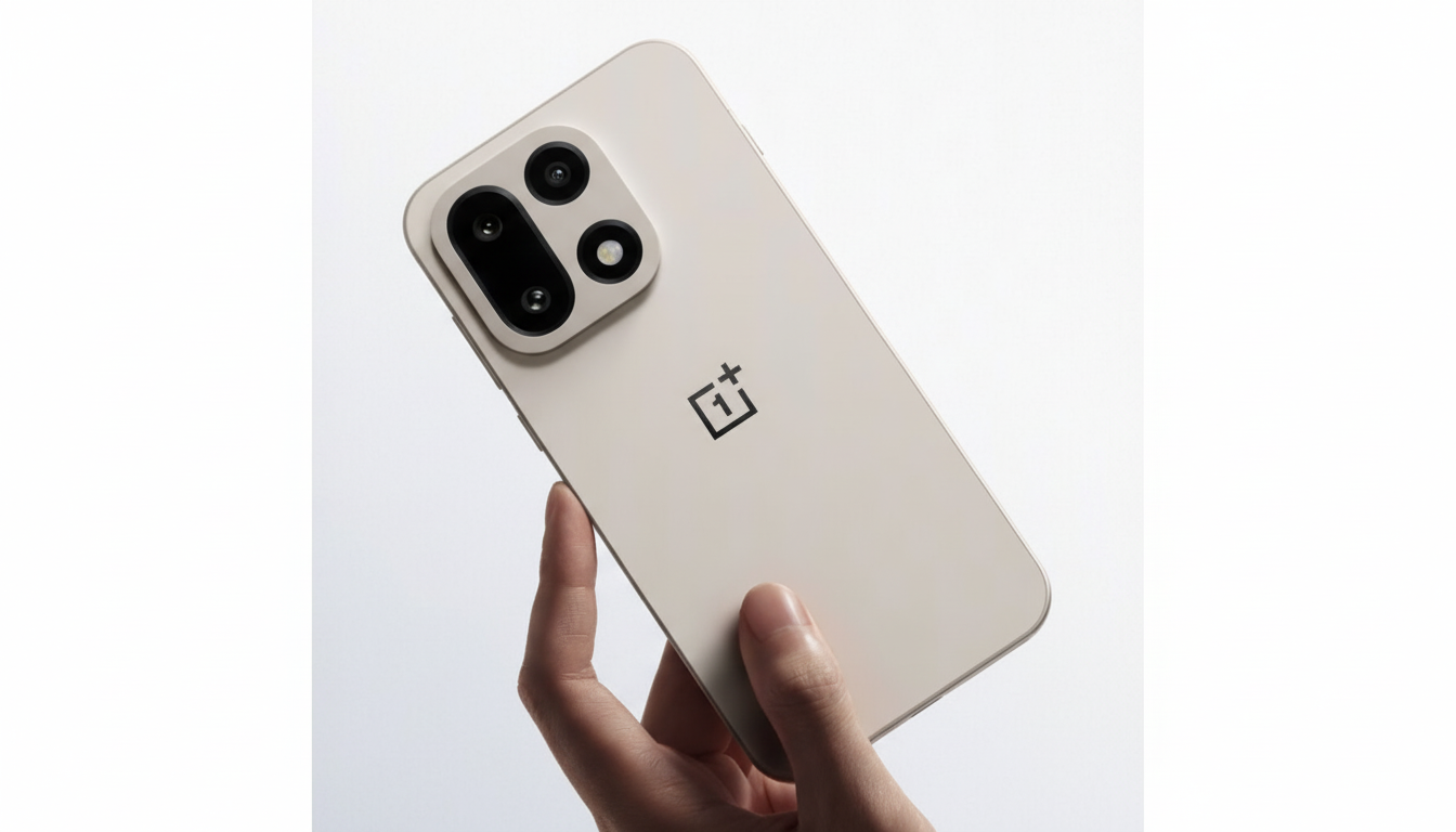 A hand holding a beige smartphone with a black OnePlus logo and a prominent camera module, presented in a 16:9 aspect ratio with the original white background.