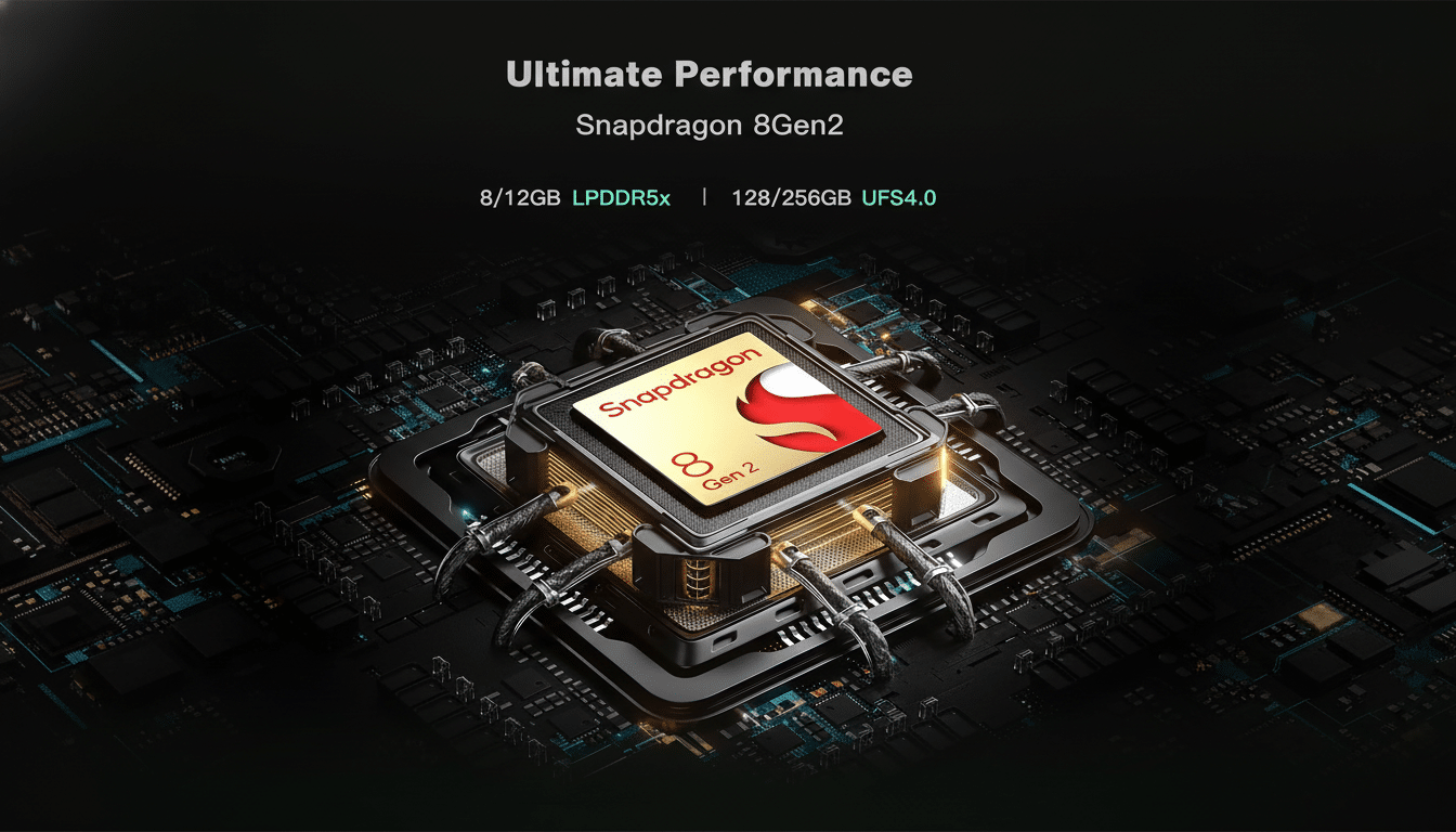 An enhanced image of the Snapdragon 8 Gen 2 processor on a dark, detailed circuit board, resized to a 1 6: 9 aspect ratio. The text Ultimate Performan