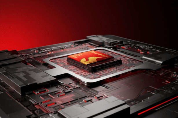 A professional 16:9 image of a Snapdragon 8 Elite Gen 5 chip on a motherboard with a gradient red background. Filename : snapdragon 8elite gen5 chip. png