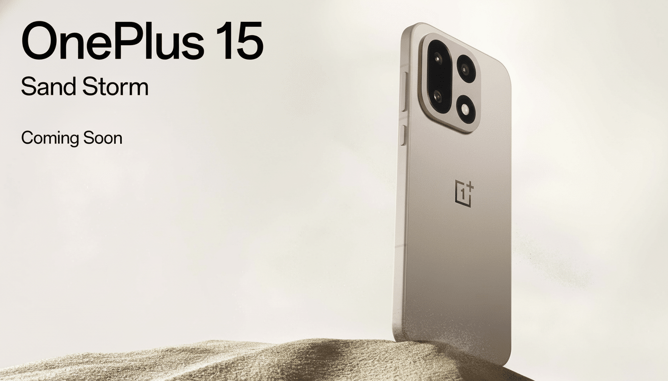 A professional image of the OnePlus 15 Sand Storm phone, presented in a 16:9 aspect ratio. The phone is a light tan /beige color, standing upright on a mound of sand against a soft, light background , maintaining the original aesthetic . The text  OnePlus 1 5, Sand Storm, and  Coming Soon are visible in the top left corner.