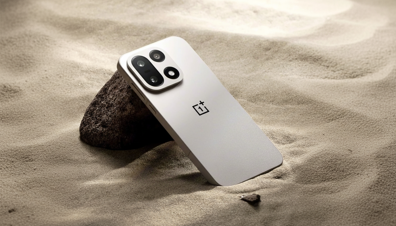 A silver smartphone with a black camera module and the OnePlus logo on its back, leaning against a dark rock in the sand.