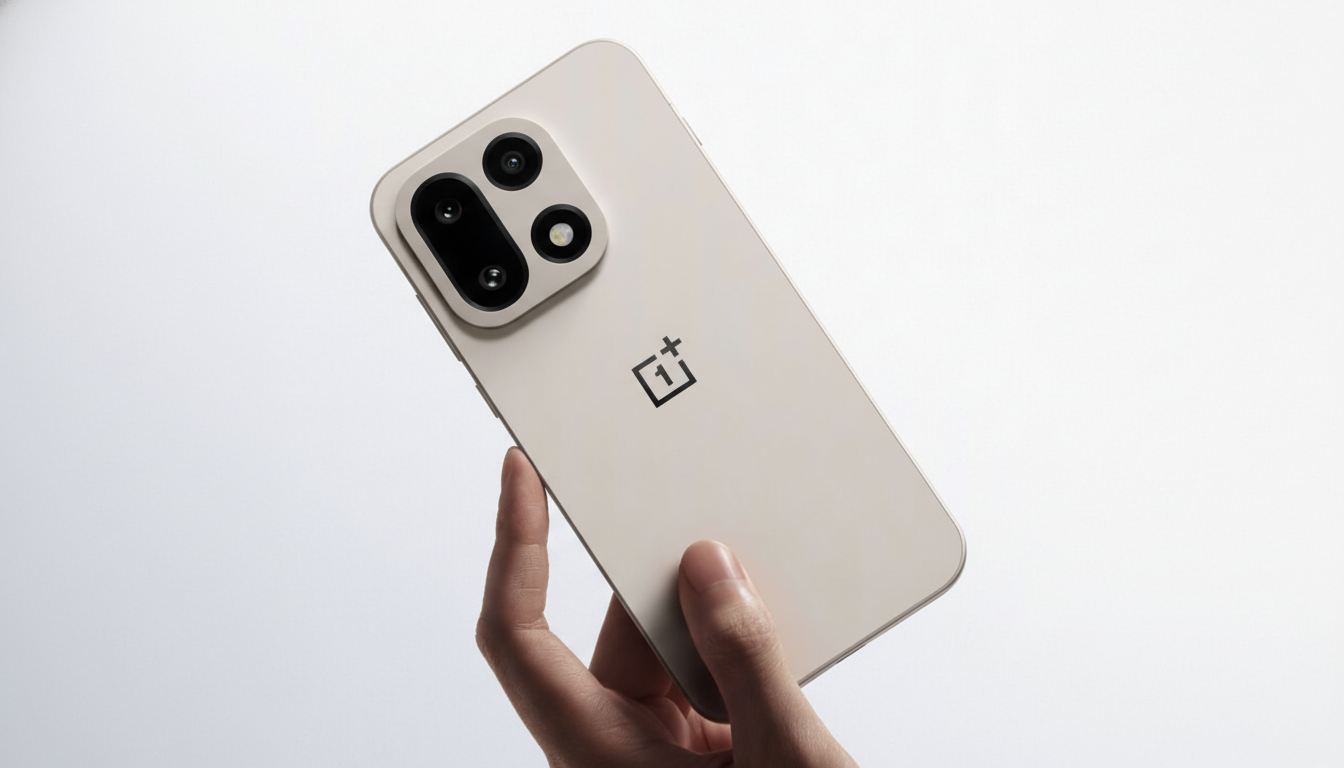 A hand holding a beige smartphone with a prominent camera module and the OnePlus logo on the back, presented in a 16:9 aspect ratio with a clean, professional background.