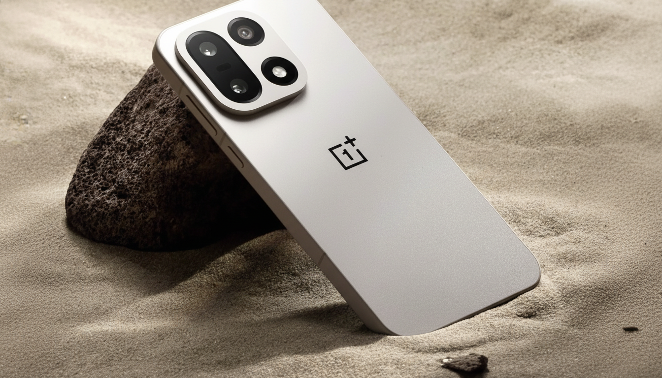 A silver smartphone with a black camera module and the OnePlus logo on its back, resting against a dark rock in the sand.