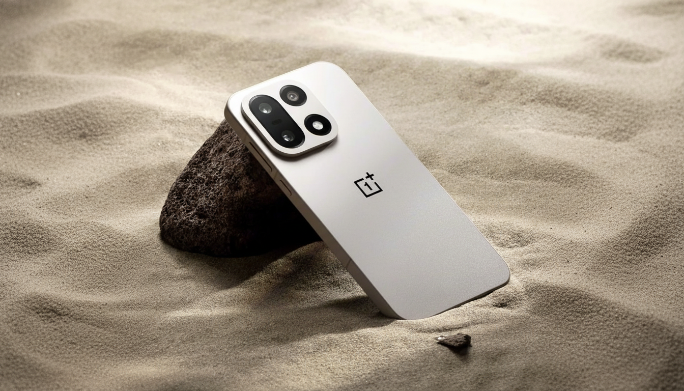 A silver smartphone with a black camera module and the OnePlus logo on its back, resting against a dark rock in the sand.