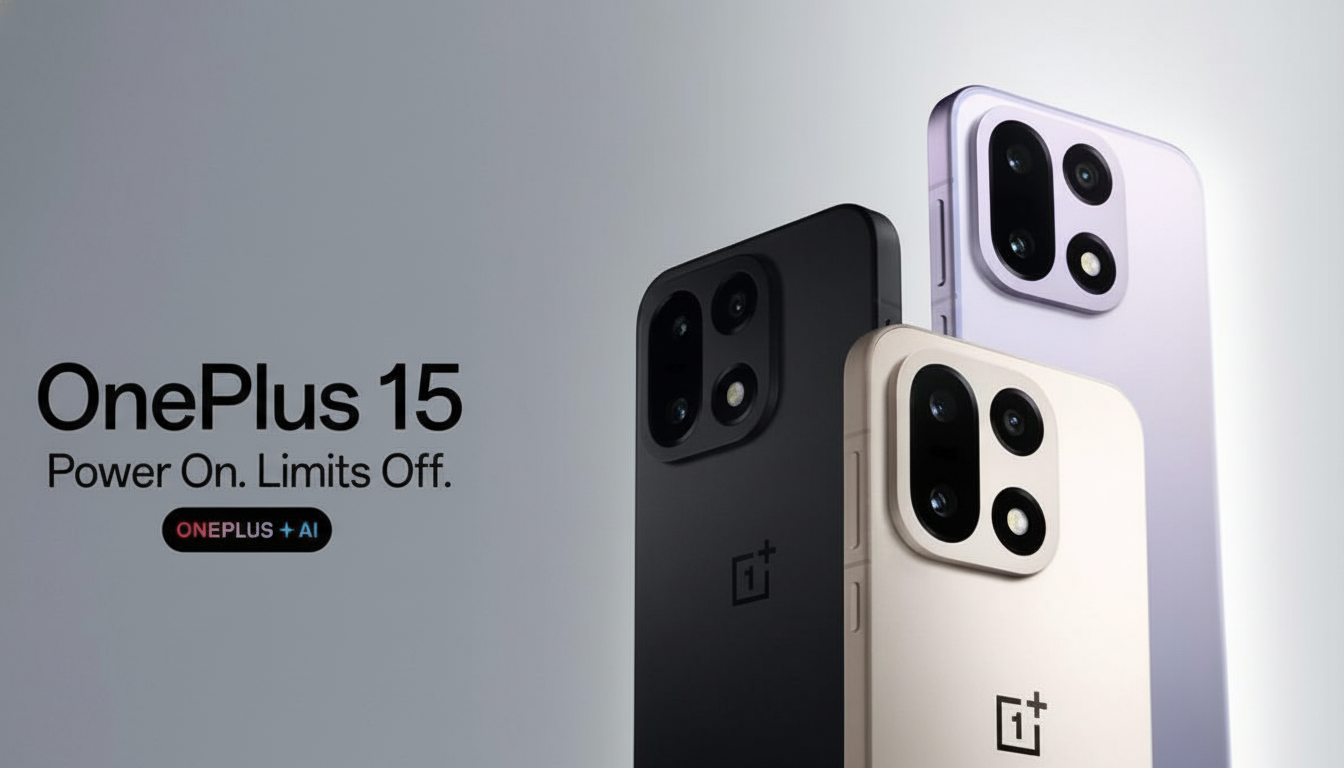 A promotional image for OnePlus 15, featuring three smartphones in black, beige, and light purple, with the text OnePlus 15 Power On. Limits Off. ONEPLUS + AI on a grey background.