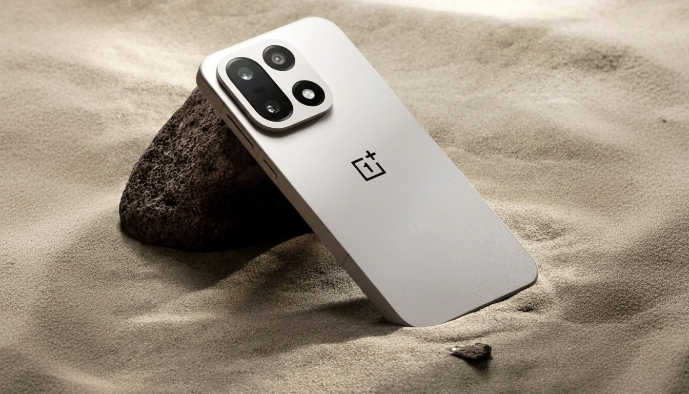 A silver smartphone with a black camera module and the OnePlus logo on its back, resting on a rock in the sand.