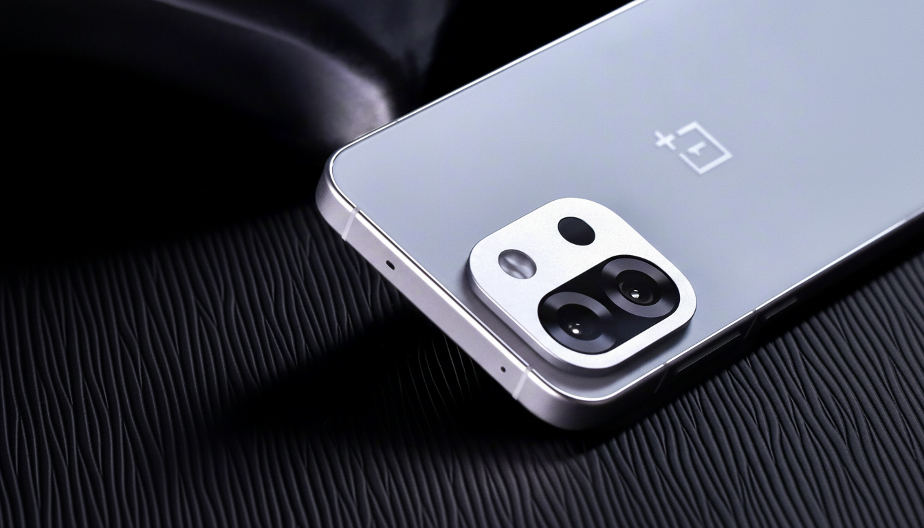 A close-up, professional shot of the back of a silver smartphone with a prominent camera module and the OnePlus logo, set against a dark, textured background.